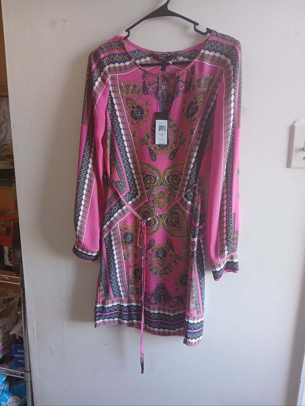 BCBGMaxAzria Pink Paisley-Print Long Sleeve Tie-Waist Dress